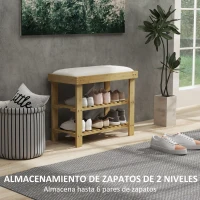 HOMCOM Banco Zapatero de Bambú con Cojín Zapatero de 2 Niveles para Entrada Pasillo o Dormitorio 60x29x49 cm Crema(m-5)