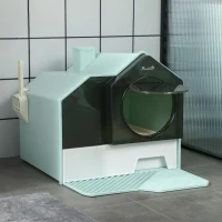 PawHut Maison de toilette bac à litière pour chat design maisonnette avec pelle, filtre et tapis dim. 47L x 45l x 42H cm bleu(m-2)