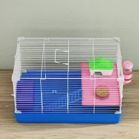 PawHut Hamster Cage, Small Gerbil Cage 2 Tiers Portable w/ Handle, Exercise Wheel, Water Bottle, Dishes, Blue(m-8)