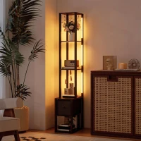 HOMCOM Floor Lamp with Shelves, LED Column Modern Standing Lamp with Fabric Drawer, Adjustable Brightness, Foot Switch for Living Room, Bedroom, Office, Black(m-10)