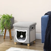 PawHut Niche chat interieur maison chat interieur 2 en 1 pied en bois coussin amovible lavable balle, 35,5x35,5x42,5cm, gris(m-2)