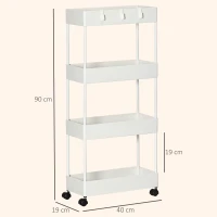 HOMCOM Carrello Cucina a 4 Ripiani con Ganci, in Acciaio e Plastica su Ruote Girevoli per Soggiorno, Ufficio e Lavanderia, 40x19x90 cm, Bianco(m-3)