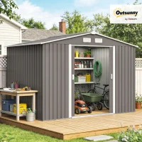 Outsunny 9 x 6FT Outdoor Garden Roofed Metal Storage Shed Tool Box with Foundation Ventilation & Doors Light, Grey(m-14)