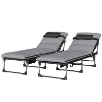 Outsunny Lot de 2 Bain de Soleil Chaise Longue Jardin avec Matelas 9cm Pliable Dossier Réglable 5 Positions Appui-tête 200cm Gris(m-13)