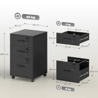 HOMCOM Caisson de Bureau Mobile avec 3 Tiroirs Verrouillables, Caisson de Rangement sur Roulettes, 40 x 40 x 69,5 cm, Noir(m-3)