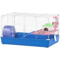 PawHut Hamster Cage, Small Gerbil Cage 2 Tiers Portable w/ Handle, Exercise Wheel, Water Bottle, Dishes, Blue(m-11)
