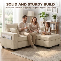 HOMCOM Canapé 3 Places avec Pouf de Rangement, Canapé d'Angle en Velours Côtelé, Assise Large, 2 Coussins, Beige(m-8)
