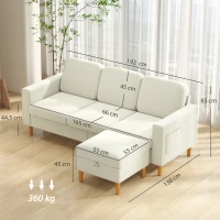 HOMCOM Sofá 3 Lugares com Pufe Sofá em Veludo Cotelê Assento e Encosto Acolchoados 192x138x85 cm Bege(m-3)