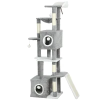 PawHut Arbre à chat tour de jeux pour chats centre d'activités 2 niches plateformes hamac échelle et 4 pompons 165 cm gris(m-12)