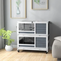 PawHut Clapier en bois d'intérieur sur roulettes 2 niveaux 2 plateaux coulissants, porte verrouillable 90L x 53l x 97H cm(m-10)
