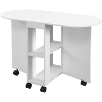 HOMCOM Mesa de Comedor Plegable con Ruedas Mesa de Cocina con Alas Abatibles y 2 Estantes Abiertos 120x60x77 cm Blanco(m-12)
