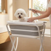 PawHut Dog Bath Tub, Portable Foldable Dog Bathtub with Stand, Drainage Hole, for Small Dogs Puppies Grey(m-9)