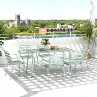 Outsunny Conjunto de jardim conjunto de jantar para jardim 7 peças com 1 mesa e 6 cadeiras empilháveis em aço verde claro(m-2)