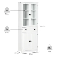 HOMCOM Bufet înalt pentru bucătărie cu 2 dulapuri și sertar, uși din sticlă și rafturi reglabile, 60x30x160cm, alb(m-3)