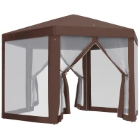 Outsunny Hexagonal Garden Gazebo - Patio Party Outdoor Canopy Tent Sun Shelter with Mosquito Netting and Zipped Door, Brown(m-1)