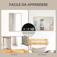 HOMCOM Specchio da Parete Rettangolare con Ganci, Specchio a Muro in Vetro e MDF, 50x70 cm, Color Legno(m-5)