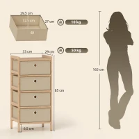 HOMCOM Chest of Drawers, 4 Fabric Drawers Narrow Dresser with Bamboo Frame, Cream White(m-3)