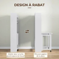 HOMCOM Bureau informatique avec étagères de rangement plateau rabattable 2 roulettes pour chambre salon 80 x 69 x 155 cm blanc(m-4)