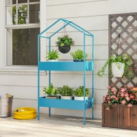 Outsunny Étagère à Plantes 2 Niveaux, Support de Plantes en Métal avec Crochet, Porte-Pots en Forme de Maison, Bleu-Vert(m-10)