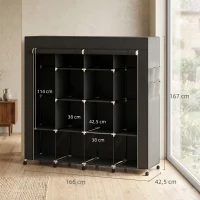 HOMCOM Armoire penderie en tissu, meuble de rangement mobile 10 roulettes avec 10 compartiments, barres de suspension, noir(m-3)