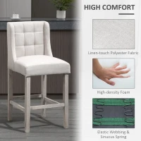 HOMCOM Set of 2 Bar Stools with Button Tufting, Solid Wood, incl. Footrest, 47 cm x 50 cm x 101 cm, Gray + Natural(m-6)