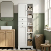 HOMCOM Dulap de baie înalt de 171 cm, dulap îngust cu coș de rufe extensibil, 2 sertare, Alb(m-6)