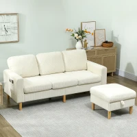 HOMCOM Sofá 3 Lugares com Pufe Sofá em Veludo Cotelê Assento e Encosto Acolchoados 192x138x85 cm Bege(m-6)