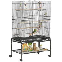 PawHut Cage à oiseaux sur pieds roulettes avec 4 mangeoires et 3 perchoirs 79 x 49 x 133 cm noir(m-1)