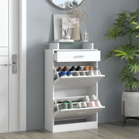 HOMCOM Organizador de Zapatos Multifuncional Zapatero con 3 Cajones Estante de Vidrio Asa de Aluminio para Pasillo Tablero de Partículas Carga 50 kg 60x24x105,5 cm Blanco(m-4)