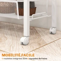 HOMCOM Desserte de cuisine à roulettes, chariot de rangement 3 panier, 1 panier suspendu et crochets, 58 x 18,5 x 87 cm, blanc(m-6)