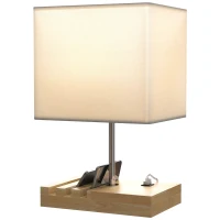 HOMCOM Bedside Lamp with USB A+C Charging Ports and 3 Phone Stands, Modern Table Lamp with Solid Wood Base and Fabric Shade for Bedroom Living Room Office, E27 Socket, Bulb Not Included, White(m-11)
