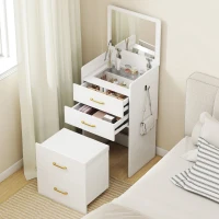HOMCOM 3-in-1 Make-uptafel met Spiegel, Nachtkastje, Rollende Kruk, Lades, Wit(m-2)