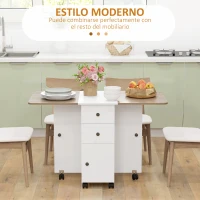 HOMCOM Mesa Plegable de Comedor con Ruedas Alas Abatibles 2 Cajones y Armario Hasta 6 Personas 120x60x76,5 cm Blanco y Natural(m-4)