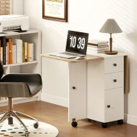 HOMCOM Mesa Plegable de Comedor con Ruedas Alas Abatibles 2 Cajones y Armario Hasta 6 Personas 120x60x76,5 cm Blanco y Natural(m-8)