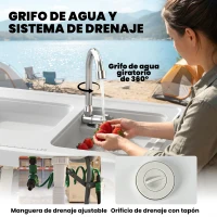 Outsunny Mesa Plegable Camping con 2 Fregaderos Grifo Manguera Estante Lateral Cajón Cesta Rejilla Regla y Ranuras Blanco(m-5)
