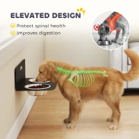 PawHut Wall Mount Dog Bowls, Adjustable Height Raised Dog Feeding Station with 2 Stainless Steel Bowls, 10kg Capacity, Black(m-5)