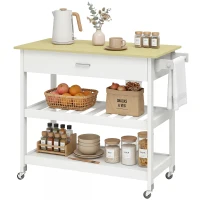 HOMCOM Desserte de cuisine à roulettes, îlot central cuisine avec plan de travail, tiroir, étagères, porte-serviettes, blanc(m-12)