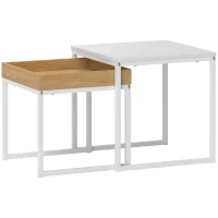 HOMCOM Lot de 2 tables basses gigognes carrées, tables gigognes de salon avec cadre en acier, style moderne, blanc(m-1)