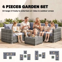 Outsunny 4 Pieces Rattan Garden Furniture Set, Wicker Outdoor Furniture Set with Corner Sofa Loveseat Coffee Table Cushions, Conservatory Furniture Set for Patio Balcony Poolside, Grey(m-6)