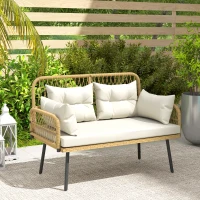 Outsunny Canapé de jardin avec coussins et oreillers 2 places en résine tressée, canapé d'extérieur avec accoudoirs bois naturel(m-10)