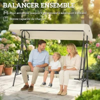 Outsunny Balancelle de jardin 3 places grand confort inclinaison toit réglable, 2 tablettes latérales, coussins, acier polyester(m-4)