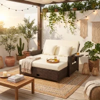 Outsunny Rattan Sun Lounger 2 Seater Day Bed with Cushions, Brown(m-2)