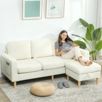 HOMCOM Sofá 3 Lugares com Pufe Sofá em Veludo Cotelê Assento e Encosto Acolchoados 192x138x85 cm Bege(m-2)