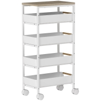 HOMCOM Carrello da Cucina a 5 Livelli con 4 Cesti Estraibili, in Metallo, PP e Legno, 39.5x24x82 cm, Bianco e Rovere