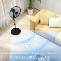 HOMCOM Ventilateur sur pied hauteur réglable oscillant 85° 3 vitesses 50 W avec écran LED télécommande minuterie Ø 42 cm noir(m-6)