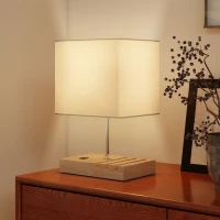 HOMCOM Bedside Lamp with USB A+C Charging Ports and 3 Phone Stands, Modern Table Lamp with Solid Wood Base and Fabric Shade for Bedroom Living Room Office, E27 Socket, Bulb Not Included, White(m-7)
