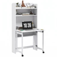 HOMCOM Bureau informatique avec étagères de rangement plateau rabattable 2 roulettes pour chambre salon 80 x 69 x 155 cm blanc(m-1)