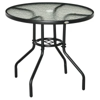 Outsunny Tavolo da Giardino Rotondo con Foro per Ombrellone e Piano in Vetro, in Metallo, Ø80x72 cm, Nero(m-11)