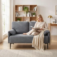 HOMCOM Sofá 2 Lugares, Sofá de Sala Estofado com Apoios de Braço Almofadados, Efeito Veludo, 127 x 72 x 84 cm, Cinza(m-6)