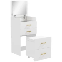 HOMCOM 3-in-1 Make-uptafel met Spiegel, Nachtkastje, Rollende Kruk, Lades, Wit(m-12)